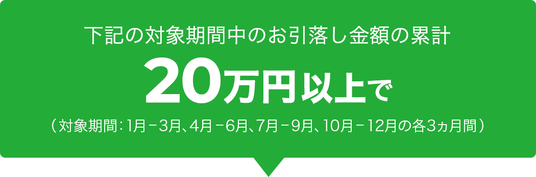 下記の対象期間中のお引落し金額の累計　20万円以上で（対象期間：1月–3月、4月–6月、7月–9月、10月–12月の各3ヵ月間）